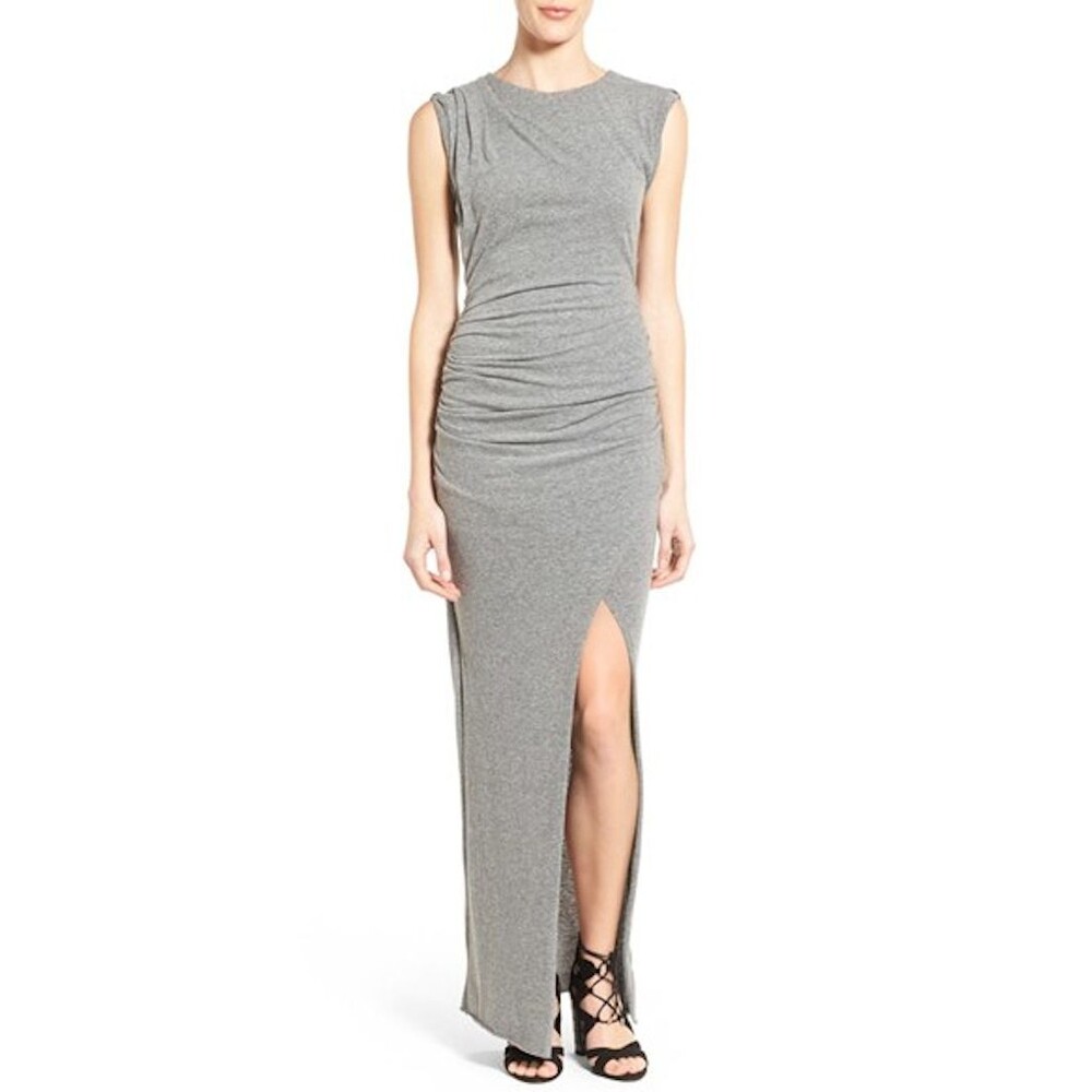 Pam & Gela Twisted Knit Side Ruched Gray Maxi Dress